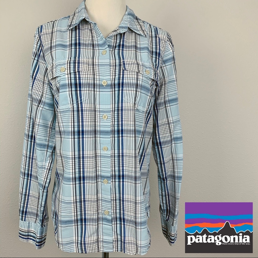 Patagonia Womens Blue Plaid Long Sleeve Wicking Shirt 54301SP15 Size 6